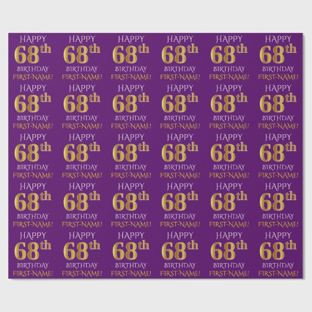 Papier Cadeau Purple, Faux Gold "HEUREUX 68e anniversaire" (Plat)