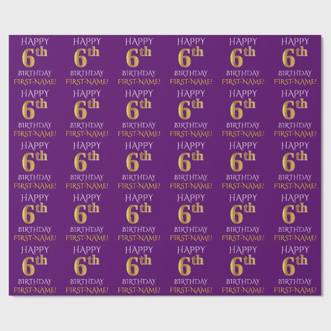 Papier Cadeau Purple, Faux Gold "HEUREUX 6e anniversaire" (Plat)