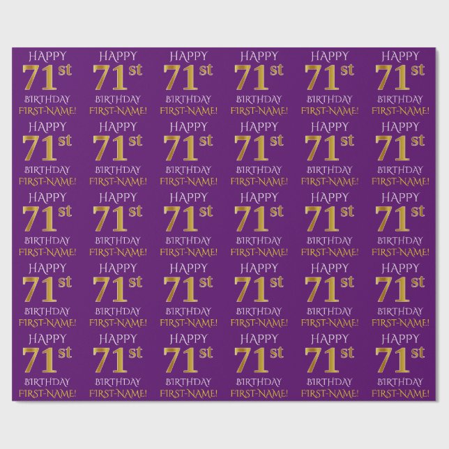 Papier Cadeau Purple, Faux Gold "HEUREUX 71ème anniversaire" (Plat)
