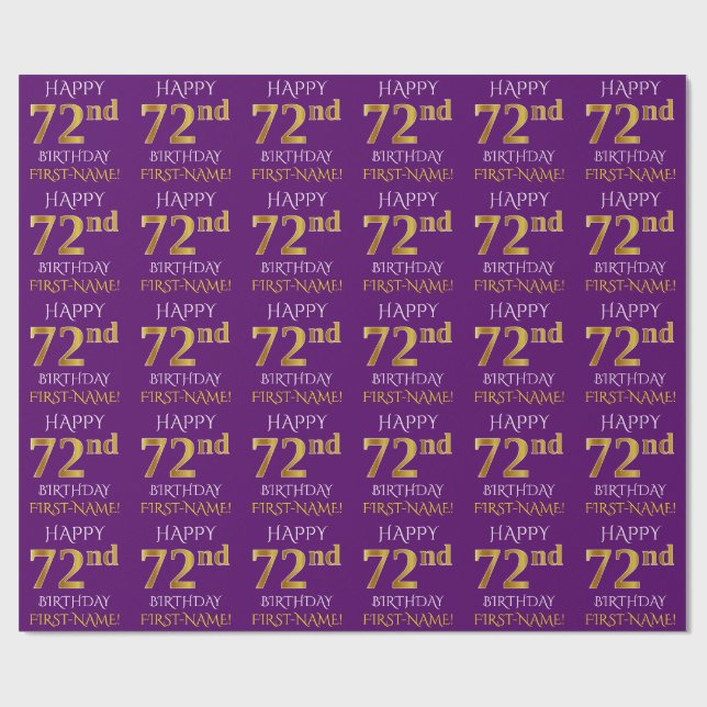 Papier Cadeau Purple, Faux Gold "HEUREUX 72e anniversaire" (Plat)