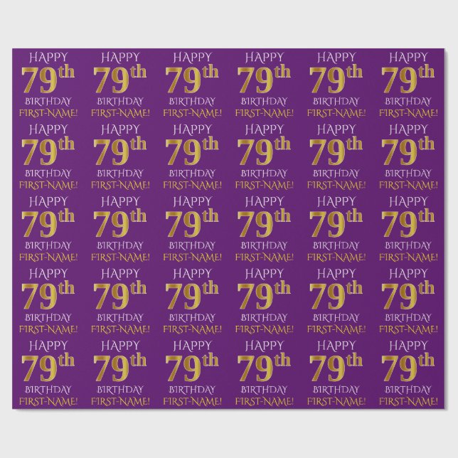Papier Cadeau Purple, Faux Gold "HEUREUX 79e anniversaire" (Plat)