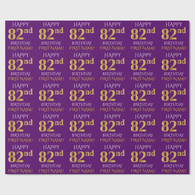 Papier Cadeau Purple, Faux Gold "HEUREUX 82e anniversaire" (Plat)