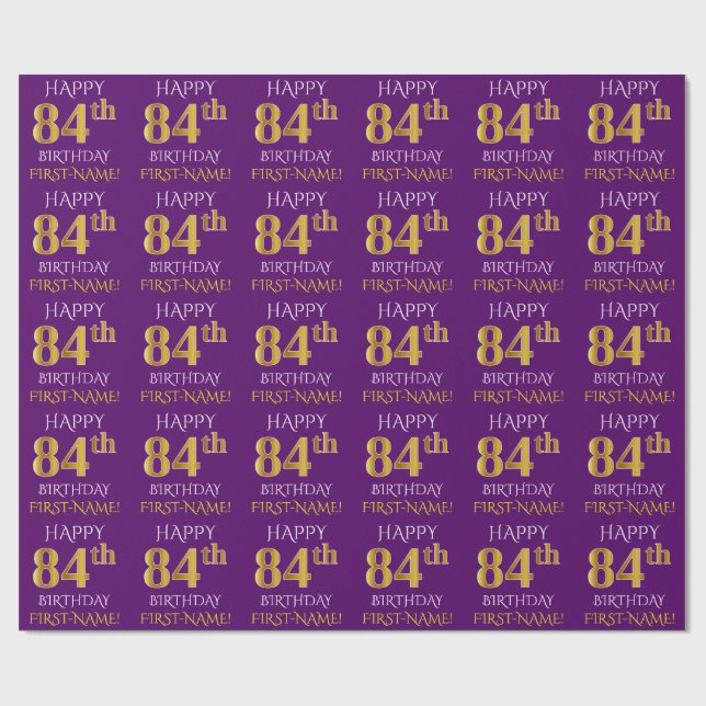 Papier Cadeau Purple, Faux Gold "HEUREUX 84e anniversaire" (Plat)