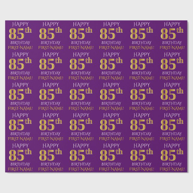 Papier Cadeau Purple, Faux Gold "HEUREUX 85e anniversaire" (Plat)