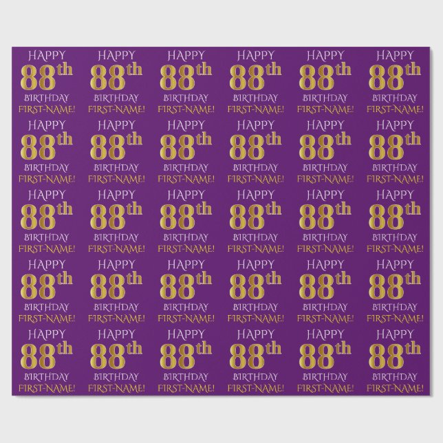 Papier Cadeau Purple, Faux Gold "HEUREUX 88e anniversaire" (Plat)
