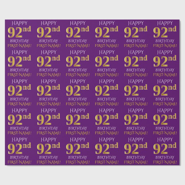 Papier Cadeau Purple, Faux Gold "HEUREUX 92e anniversaire" (Plat)