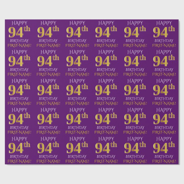 Papier Cadeau Purple, Faux Gold "HEUREUX 94e anniversaire" (Plat)