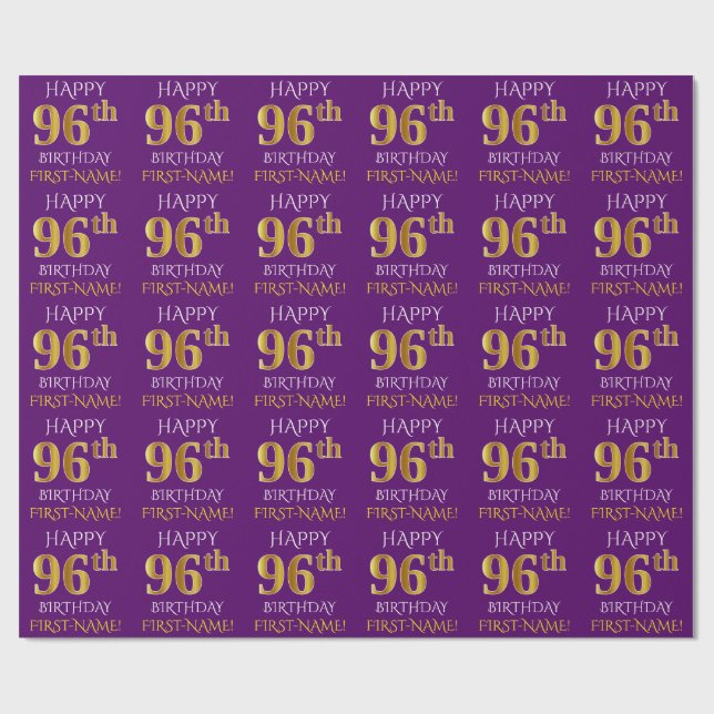 Papier Cadeau Purple, Faux Gold "HEUREUX 96ème anniversaire" (Plat)