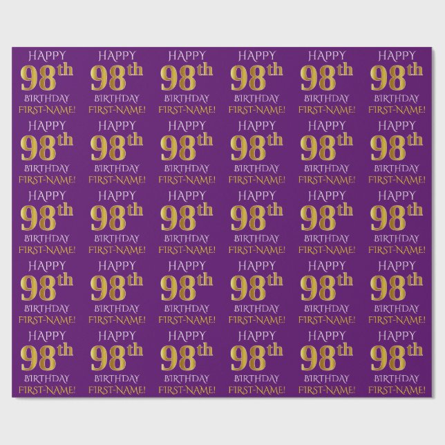 Papier Cadeau Purple, Faux Gold "HEUREUX 98e anniversaire" (Plat)