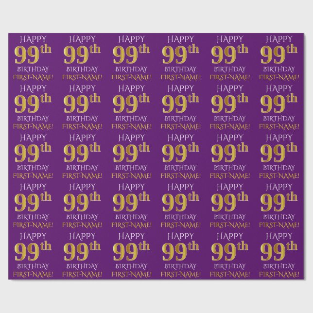 Papier Cadeau Purple, Faux Gold "HEUREUX 99ème anniversaire" (Plat)