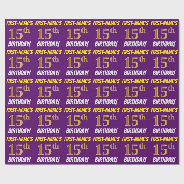 Papier Cadeau Purple, Faux/Imitation Gold, "15e anniversaire" (Plat)