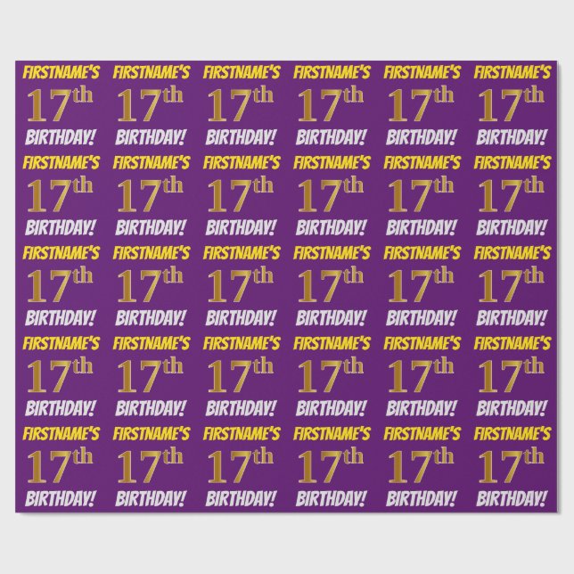 Papier Cadeau Purple, Faux/Imitation Gold, "17e anniversaire" (Plat)