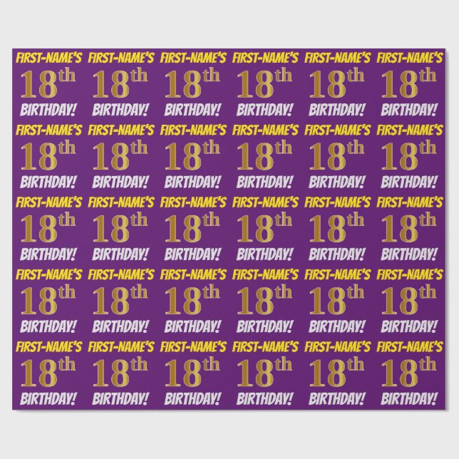 Papier Cadeau Purple, Faux/Imitation Gold, "18e ANNIVERSAIRE" (Plat)