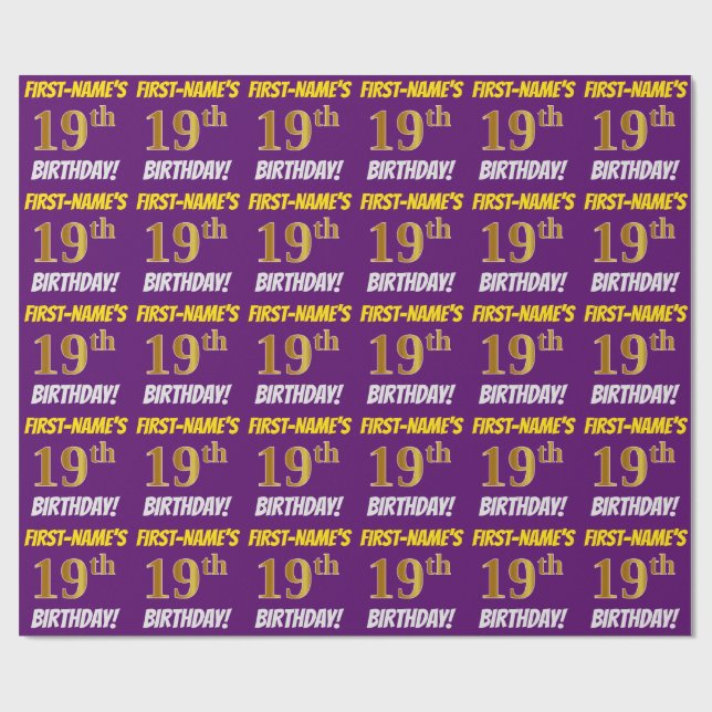 Papier Cadeau Purple, Faux/Imitation Gold, "19e anniversaire" (Plat)
