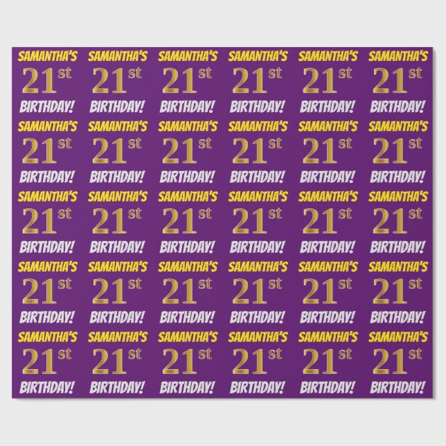 Papier Cadeau Purple, Faux/Imitation Gold, "21e ANNIVERSAIRE" (Plat)