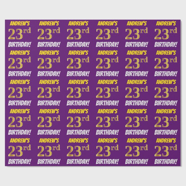Papier Cadeau Purple, Faux/Imitation Gold, "23e anniversaire" (Plat)