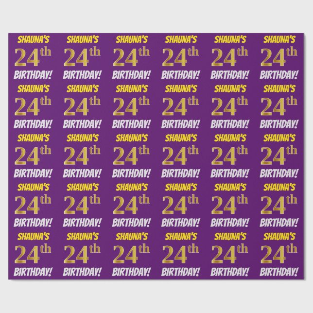 Papier Cadeau Purple, Faux/Imitation Gold, "24e anniversaire" (Plat)