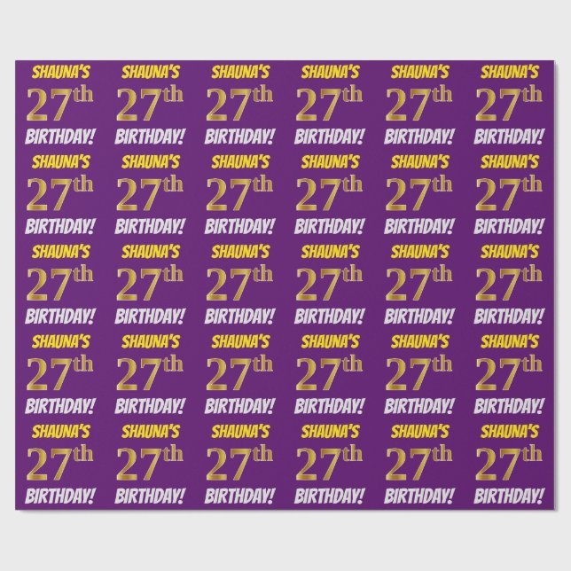 Papier Cadeau Purple, Faux/Imitation Gold, "27e anniversaire" (Plat)