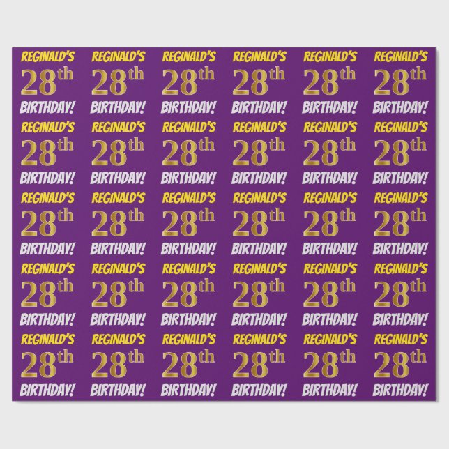 Papier Cadeau Purple, Faux/Imitation Gold, "28e ANNIVERSAIRE" (Plat)