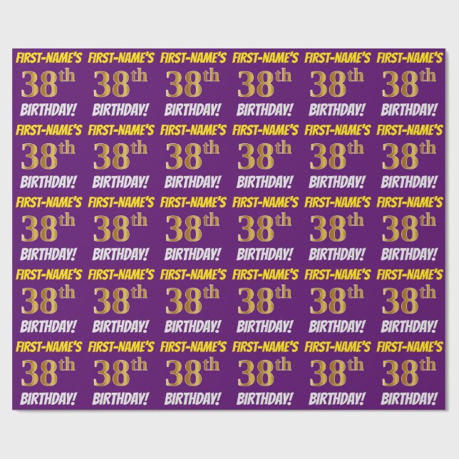 Papier Cadeau Purple, Faux/Imitation Gold, "38e ANNIVERSAIRE" (Plat)