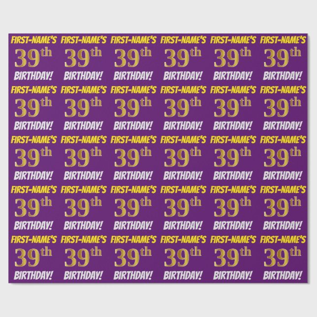 Papier Cadeau Purple, Faux/Imitation Gold, "39e ANNIVERSAIRE" (Plat)