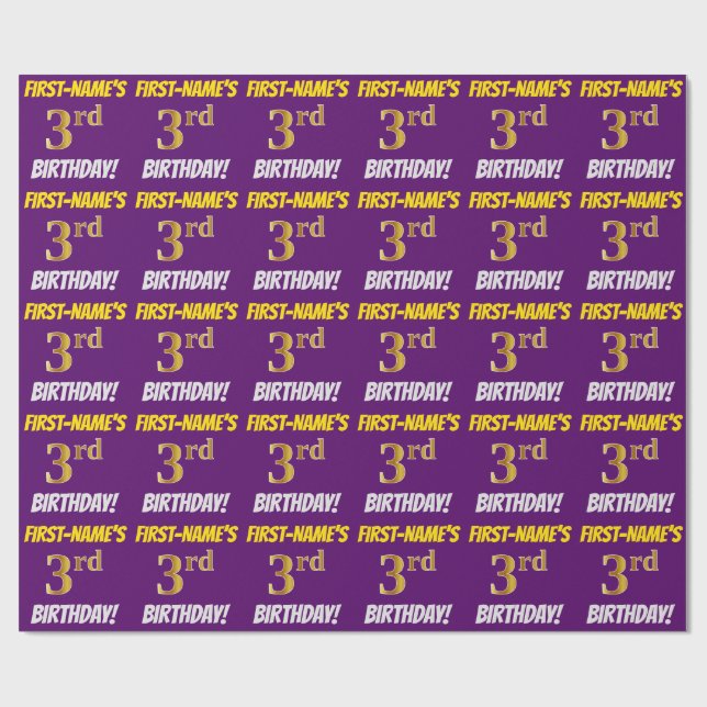 Papier Cadeau Purple, Faux/Imitation Gold, "3e anniversaire" (Plat)