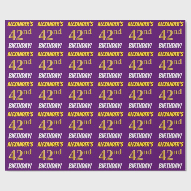 Papier Cadeau Purple, Faux/Imitation Gold, "42e anniversaire" (Plat)