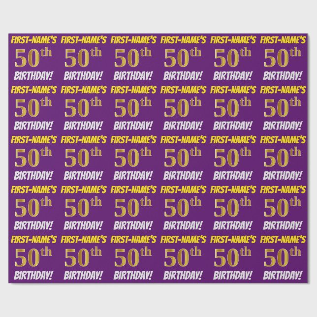 Papier Cadeau Purple, Faux/Imitation Gold, "50e ANNIVERSAIRE" (Plat)