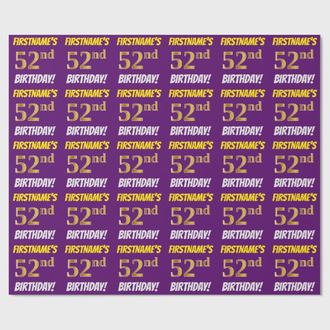 Papier Cadeau Purple, Faux/Imitation Gold, "52e anniversaire" (Plat)