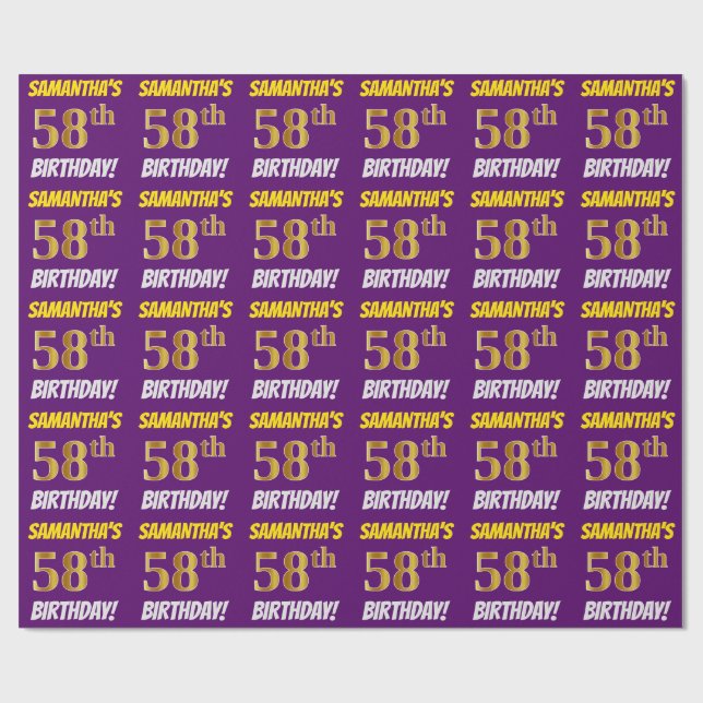 Papier Cadeau Purple, Faux/Imitation Gold, "58e ANNIVERSAIRE" (Plat)