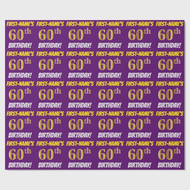 Papier Cadeau Purple, Faux/Imitation Gold, "60e ANNIVERSAIRE" (Plat)