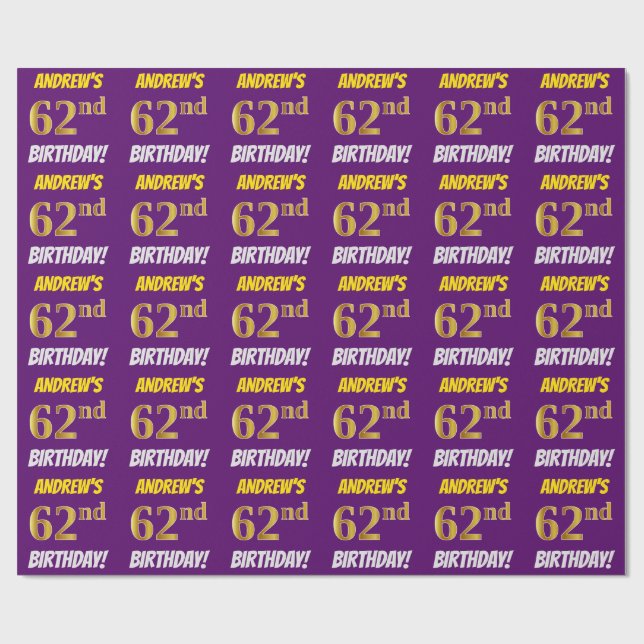 Papier Cadeau Purple, Faux/Imitation Gold, "62e anniversaire" (Plat)
