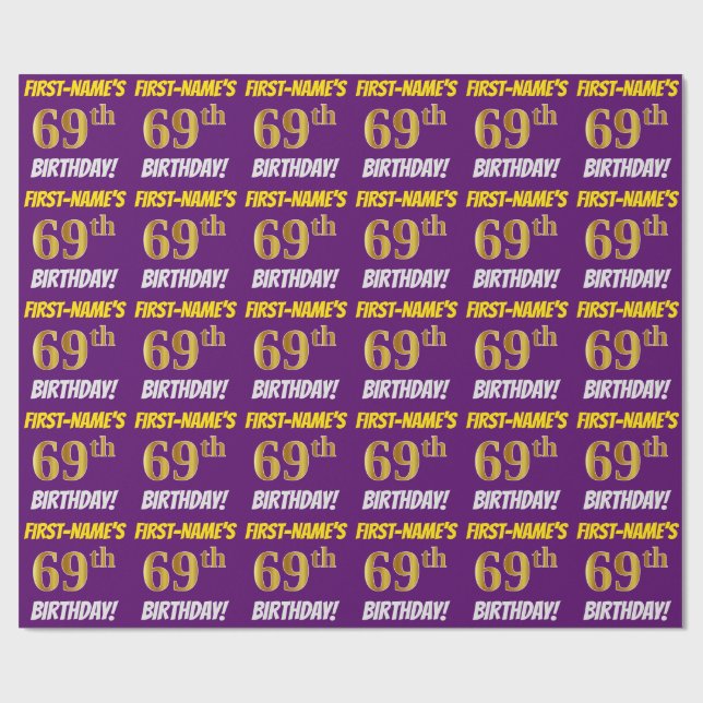 Papier Cadeau Purple, Faux/Imitation Gold, "69e ANNIVERSAIRE" (Plat)