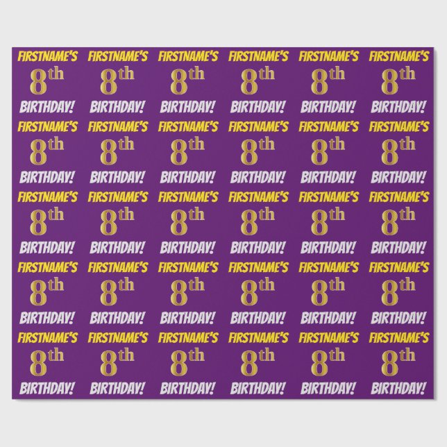 Papier Cadeau Purple, Faux/Imitation Gold, "8ème anniversaire" (Plat)