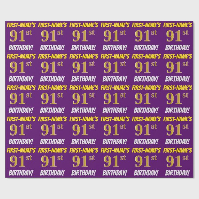 Papier Cadeau Purple, Faux/Imitation Gold, "91e ANNIVERSAIRE" (Plat)