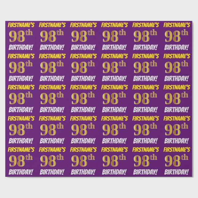 Papier Cadeau Purple, Faux/Imitation Gold, "98e ANNIVERSAIRE" (Plat)