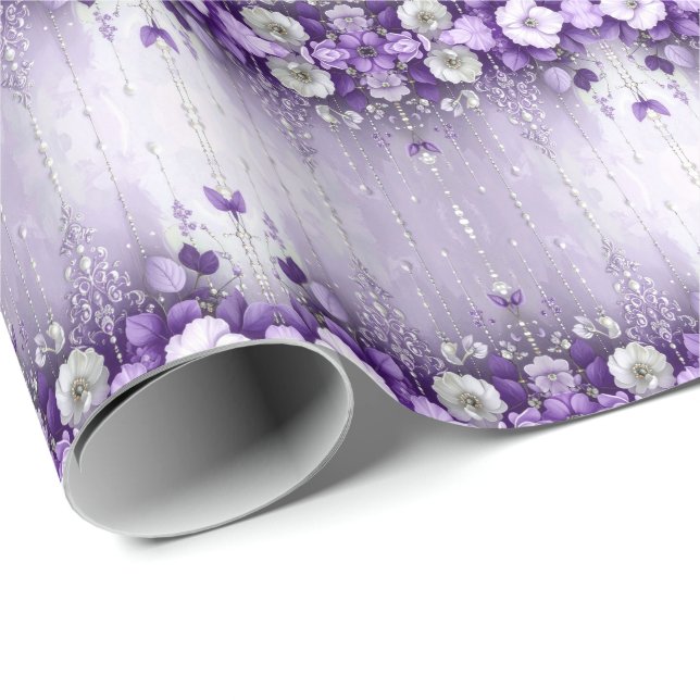 Papier Cadeau Purple Flowers with Dangling Pearls Wrapping Paper (Coin rond)