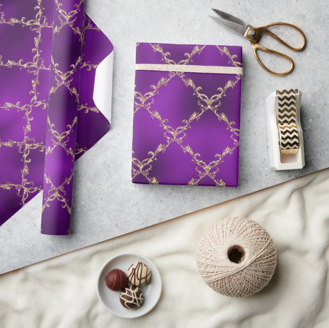 Papier Cadeau Purple Holiday Gold Parties scintillant Damask Cad (Artisanat)