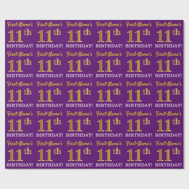 Papier Cadeau Purple, Imitation Gold Look "11ème anniversaire" (Plat)