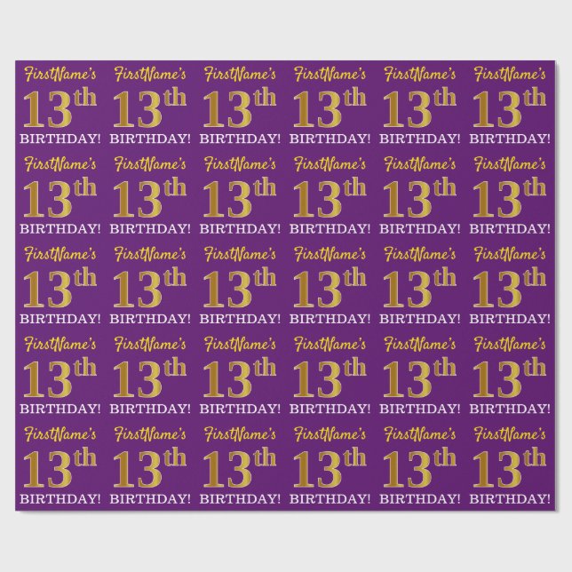 Papier Cadeau Purple, Imitation Gold Look "13ème anniversaire" (Plat)