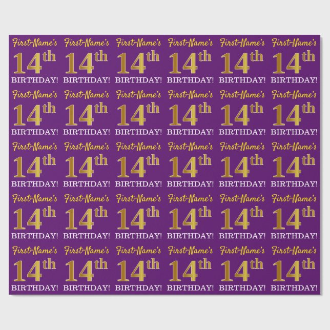 Papier Cadeau Purple, Imitation Gold Look "14ème anniversaire" (Plat)