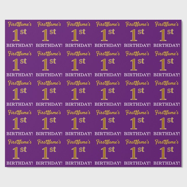 Papier Cadeau Purple, Imitation Gold Look "1er anniversaire" (Plat)