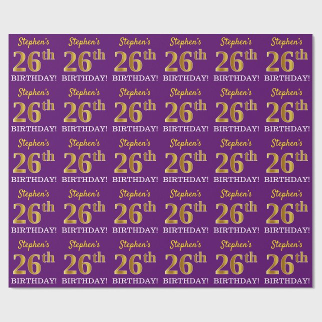 Papier Cadeau Purple, Imitation Gold Look "26ème anniversaire" (Plat)
