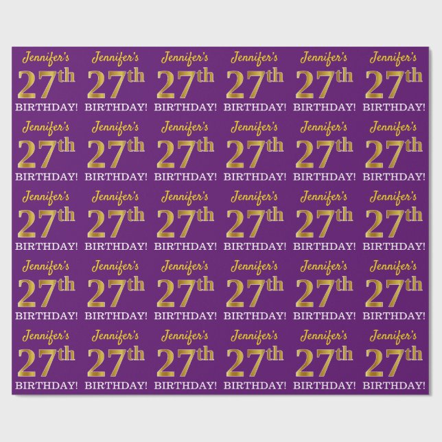 Papier Cadeau Purple, Imitation Gold Look "27ème anniversaire" (Plat)