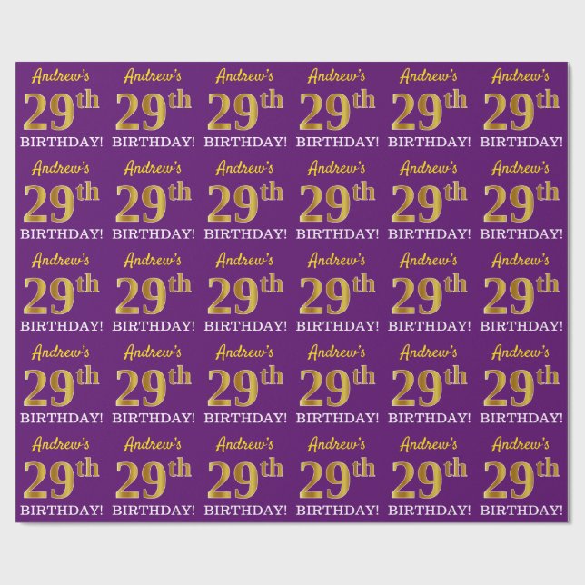 Papier Cadeau Purple, Imitation Gold Look "29ème anniversaire" (Plat)