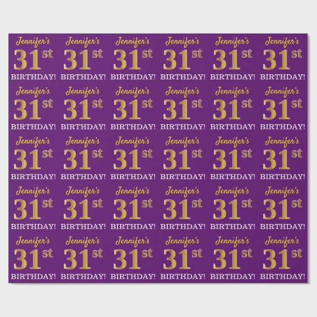 Papier Cadeau Purple, Imitation Gold Look "31ème anniversaire" (Plat)