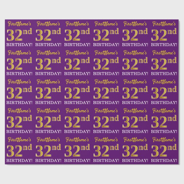 Papier Cadeau Purple, Imitation Gold Look "32e anniversaire" (Plat)