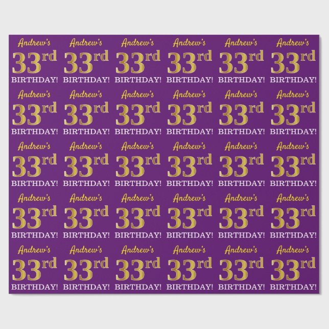Papier Cadeau Purple, Imitation Gold Look "33ème anniversaire" (Plat)