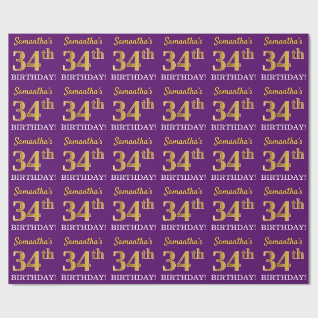 Papier Cadeau Purple, Imitation Gold Look "34e anniversaire" (Plat)