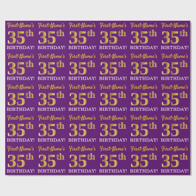 Papier Cadeau Purple, Imitation Gold Look "35ème anniversaire" (Plat)